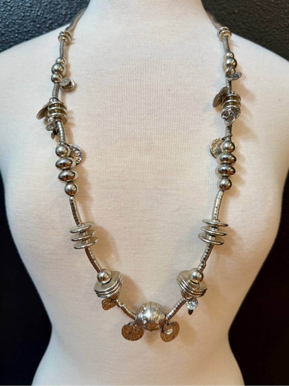 L&F Silver-Tone Beaded Statement Necklace with Dangle Discs